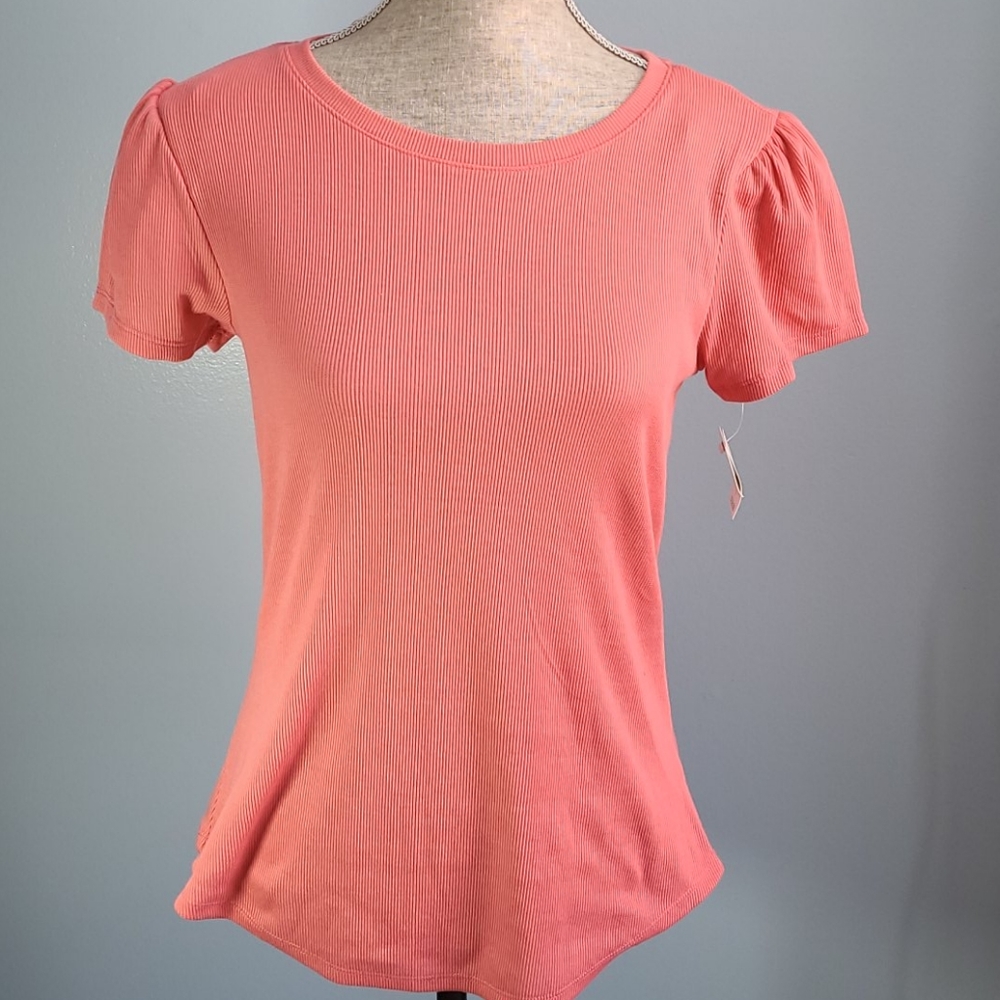Ultra Flirt Dusty Rose Puff Sleeve Ribbed  Top NWT